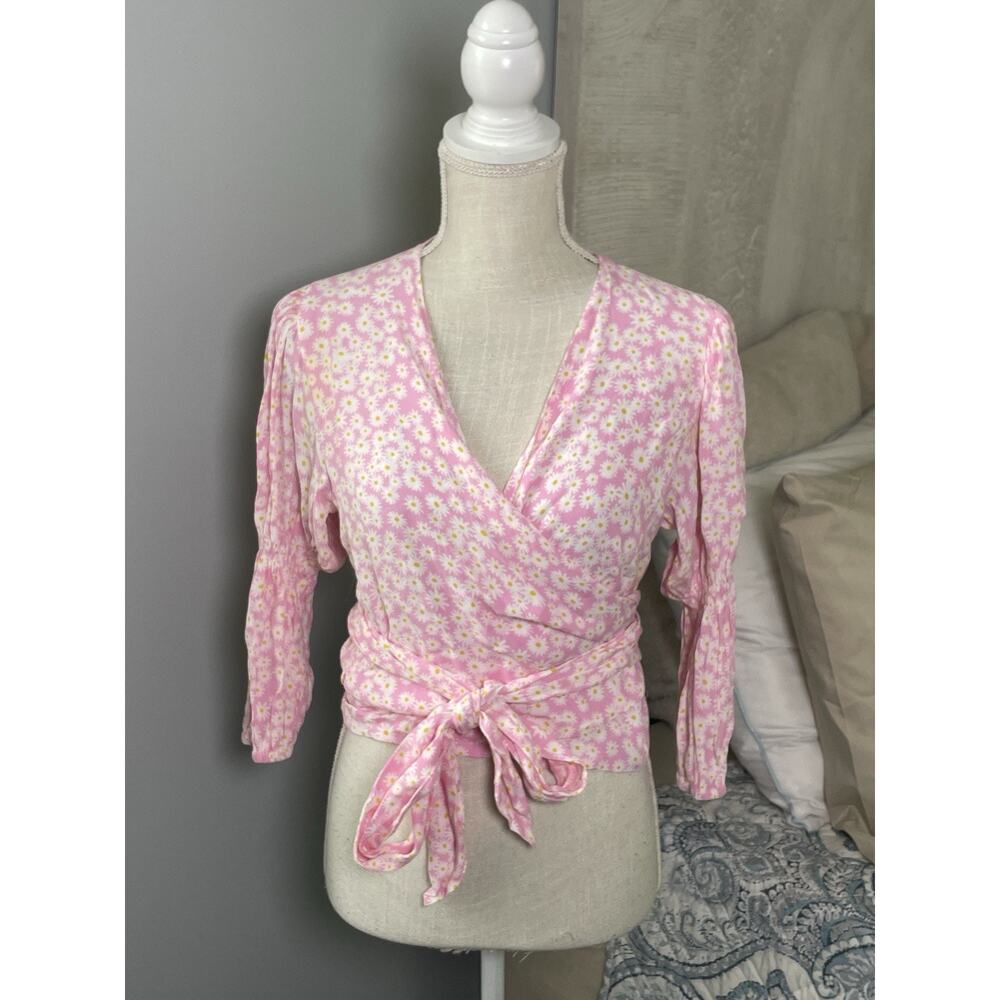 Faithfull the Brand Daisy Wrap Top S Pink Floral Crop Blouse Puff Sleeve Boho